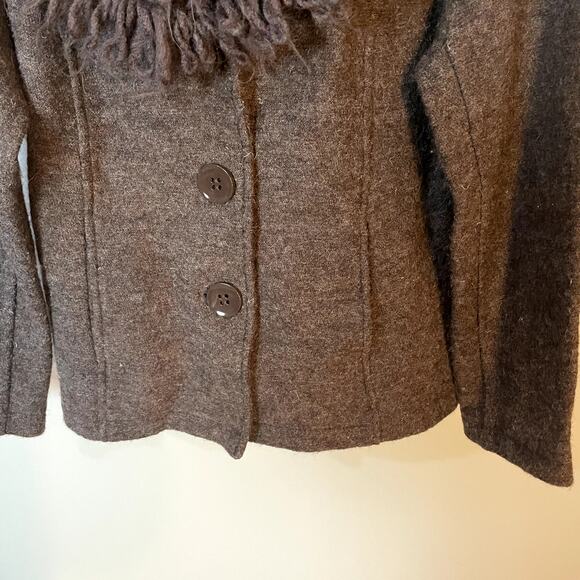 Cynthia Rowley 100% Boiled Wool Brown Sweater w/ Fringe Neckline SZ Large - Picture 6 of 10